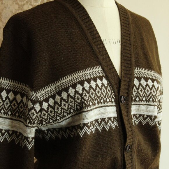 Vintage 1950s 1960s Cardigan, Jaguar Mexican Brown and White Sweater, Size 40 - Picture 6 of 10